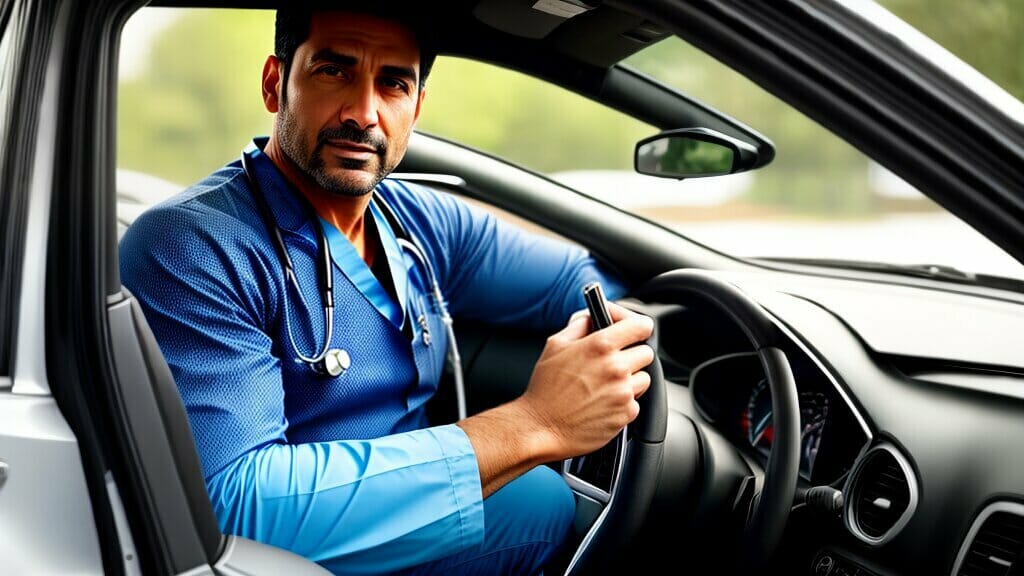 A man wearing medical scrubs and a stethoscope sits in the driver's seat of a car, holding the steering wheel and looking forward.