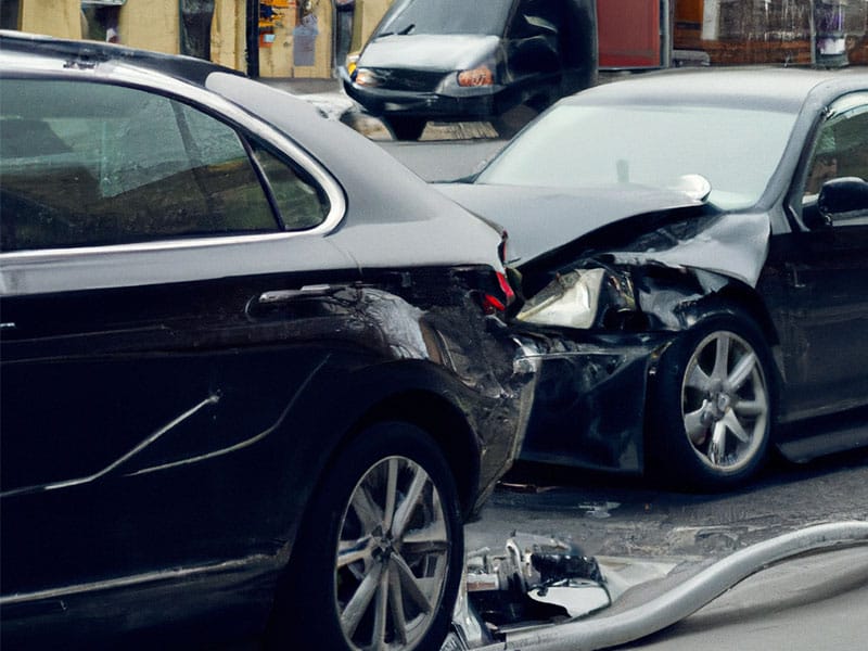 Two black cars with visible damage are stopped on a street after a collision, with debris scattered on the road nearby.