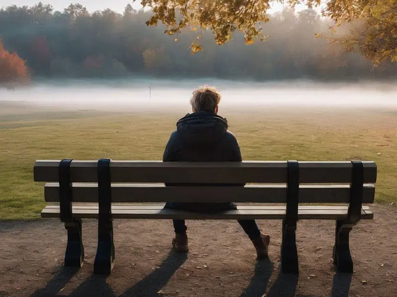 A person sits alone on a bench facing a foggy field with trees in the background, under morning sunlight.