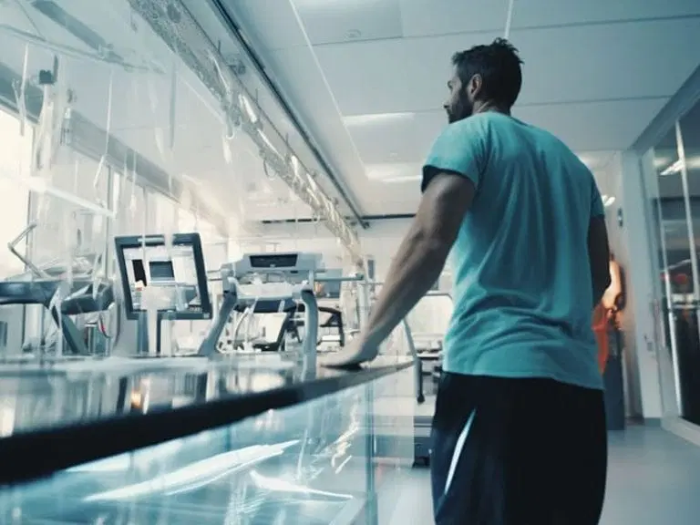 A man in a light blue shirt stands in a modern laboratory, looking at equipment and monitors arranged along a glass wall.