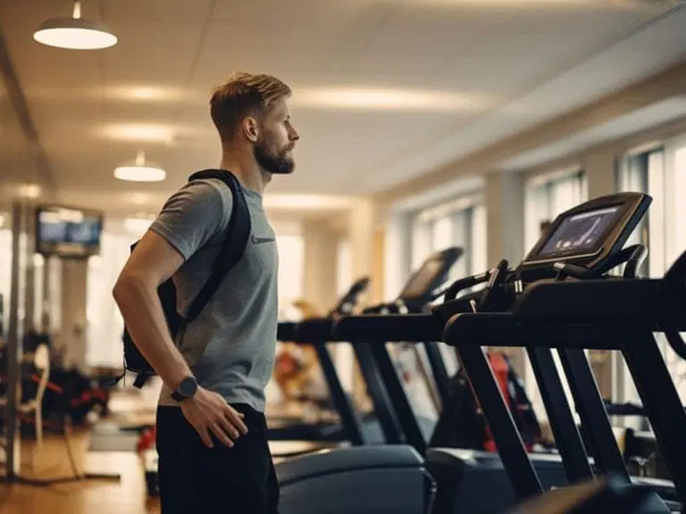 A man with a backpack stands in front of treadmills in a gym, looking at one of the machines.