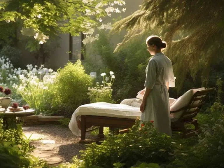 A woman in a robe stands beside an empty lounge chair in a lush, sunlit garden with flowering plants and greenery.