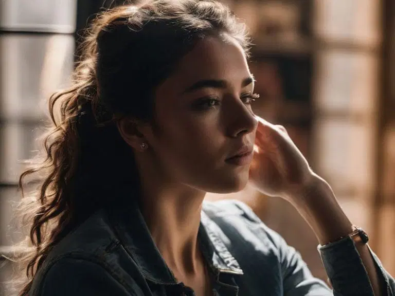 A woman with wavy brown hair sits indoors, resting her hand near her face and gazing thoughtfully out of frame. Natural light filters through a window behind her.