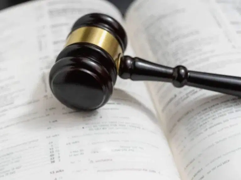 A judge's gavel rests on an open book filled with text, symbolizing law and justice.