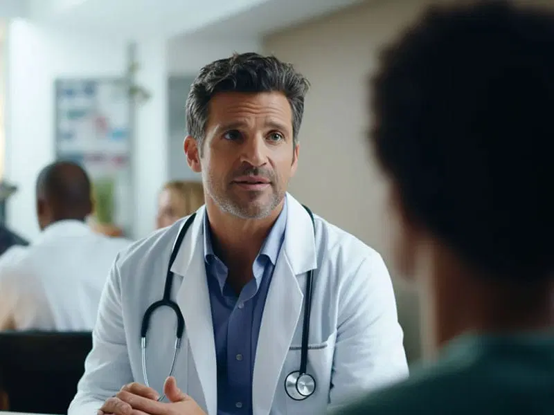 A male doctor wearing a white coat and stethoscope talks to a patient in a medical office.