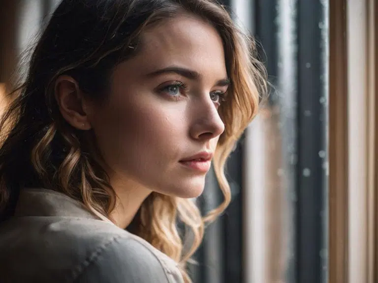 A young woman with wavy hair looks thoughtfully out of a window, with soft natural light illuminating her face.