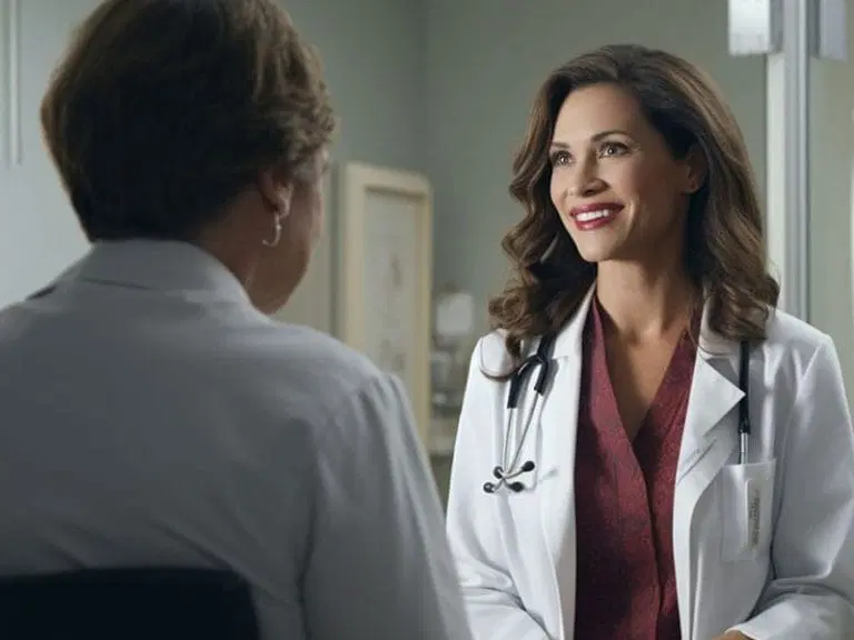 Two doctors in white coats talk in a medical office; one is facing the camera and smiling, the other has their back to the camera.