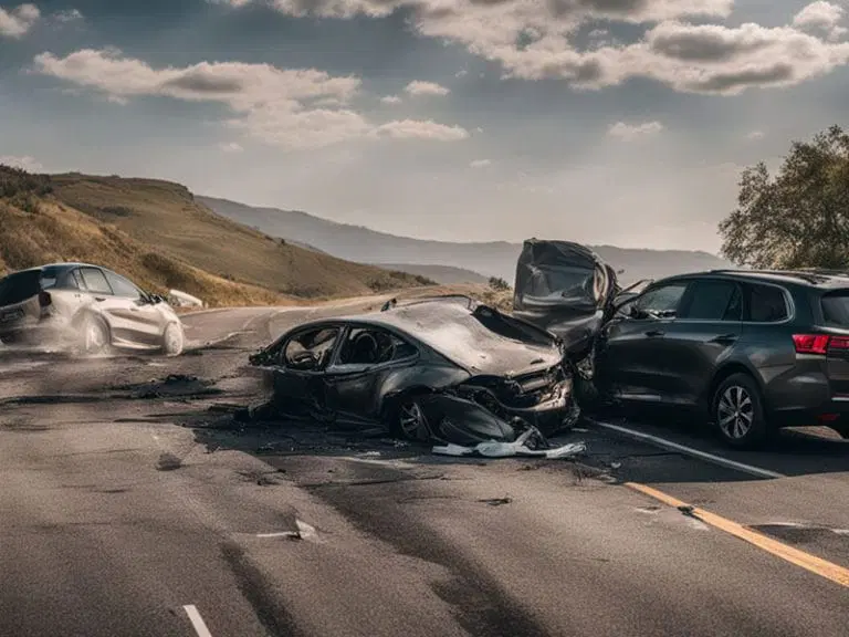 Three heavily damaged cars are involved in a serious accident blocking both lanes of a rural road, with debris scattered and hills visible in the background.