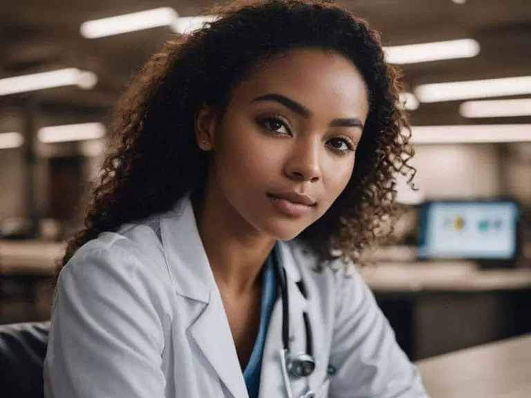 A woman in a white lab coat sits indoors, looking at the camera, with blurred office equipment in the background.