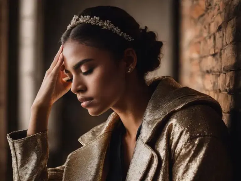 Woman in a gold jacket and jeweled headband sits by a brick wall with her eyes closed, resting her head on her hand.