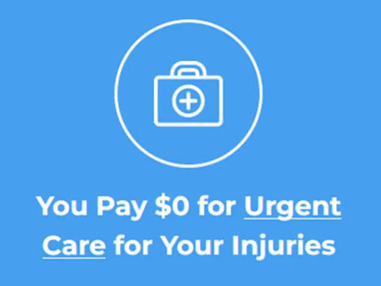 A white medical kit icon above text stating, "You pay $0 for urgent care for your injuries," on a blue background.