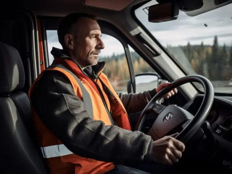 A man wearing an orange safety vest drives a vehicle, demonstrating Safe Driving Tips by keeping both hands on the steering wheel. Forested landscape is visible through the window.