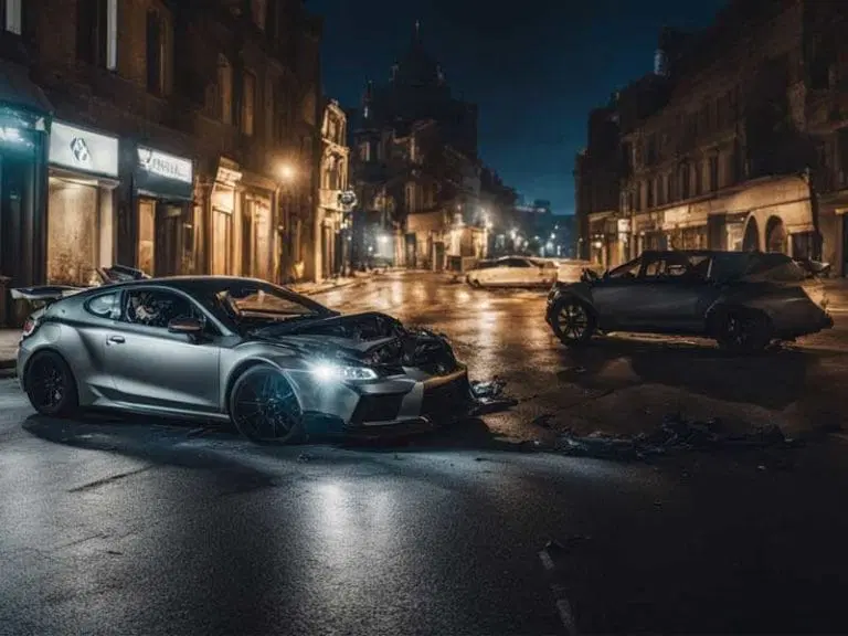 Two damaged cars are stopped in the middle of a wet city street at night, with debris scattered on the road and surrounding buildings illuminated by streetlights.