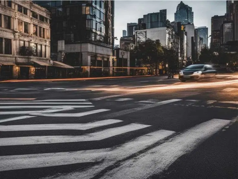 A city street with crosswalk markings, buildings on both sides, and blurred headlights from a moving car at dusk.