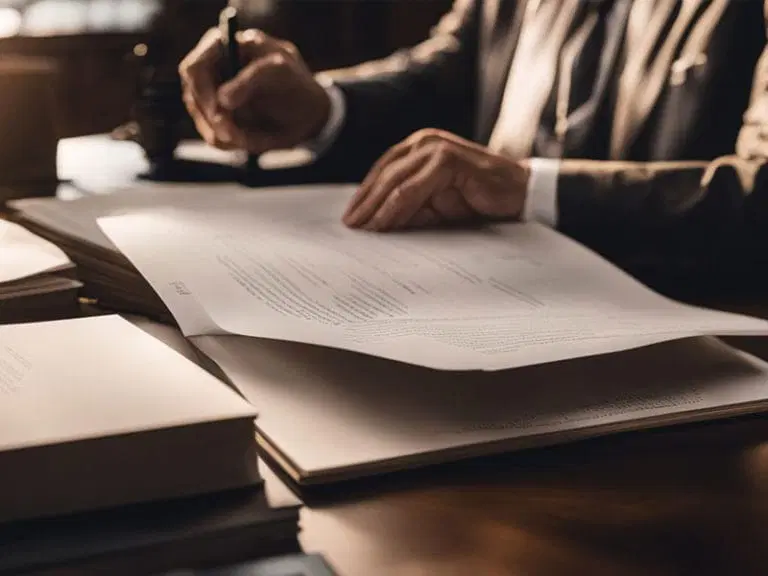 A person in a suit sits at a desk, reviewing and signing documents with a pen, surrounded by stacks of papers and books.