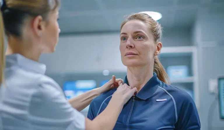 A healthcare professional examines a woman's neck in a clinical setting. The woman is wearing a dark blue collared shirt and looks straight ahead.