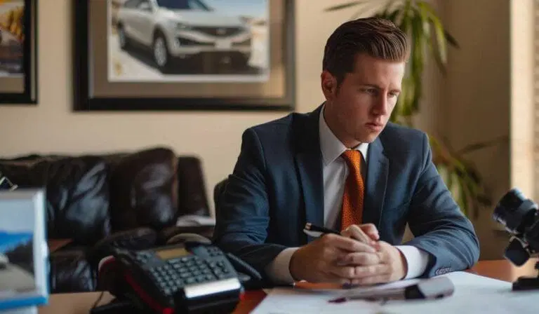 A man in a suit sits at a desk with papers, a phone, and office equipment, appearing focused and engaged in work. Framed photos and a plant are in the background.