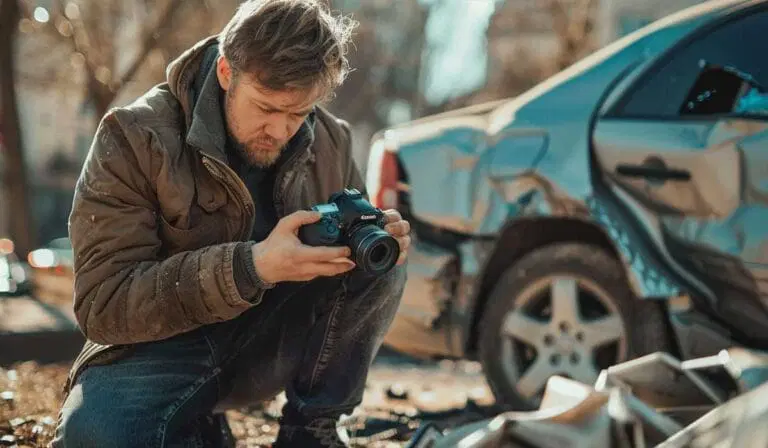 A man kneels by a damaged car, closely examining a camera, possibly preparing to take pictures of the accident scene.