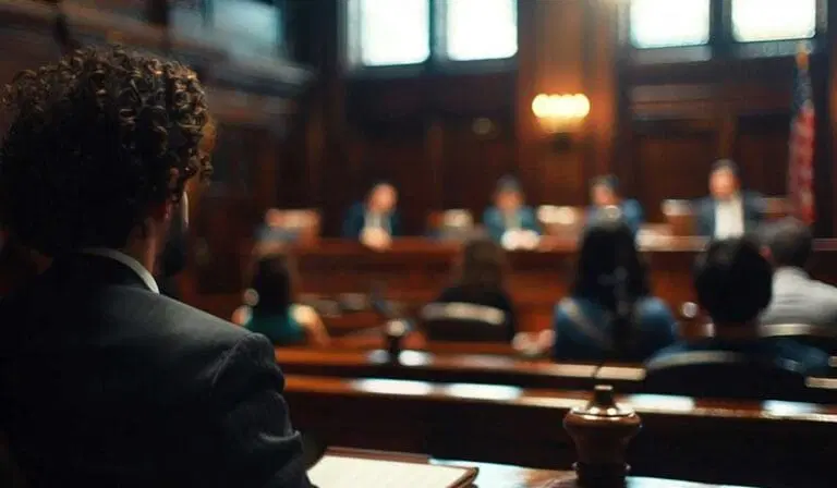 A courtroom scene showing people seated and a judge's panel at the front, with one person in focus in the foreground holding a notepad.