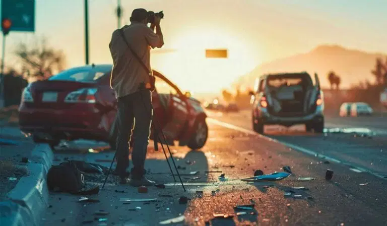 A person with a camera and tripod photographs the scene of a car accident on a street at sunset, with debris scattered on the ground.