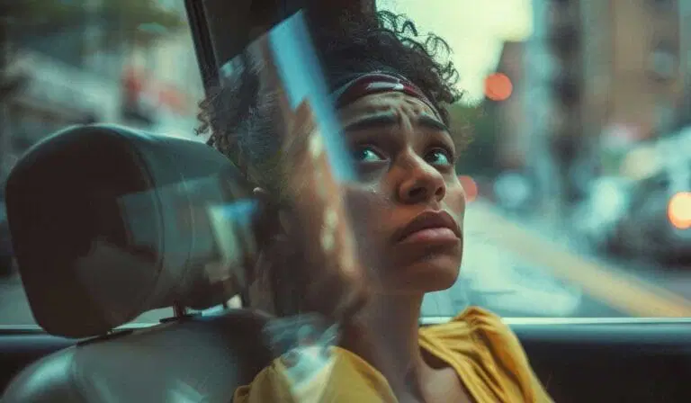 A woman with curly hair and a headband sits in a car, looking up with a concerned expression; city street visible through the window.