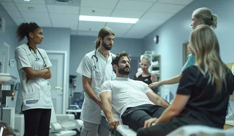A man lies on a hospital bed surrounded by four medical staff in scrubs and lab coats inside a clinical room.