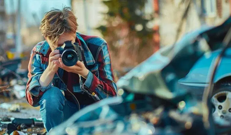 A person crouches outdoors, holding a camera up to their face and photographing the wreckage of a damaged car.