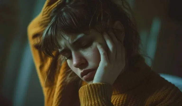 A person in a mustard sweater rests their head on their hand, eyes closed, with a somber expression and tear streaks visible on their face.