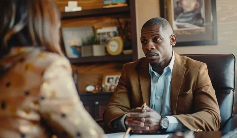 A man in a brown blazer sits at a desk speaking to a woman, with shelves and framed photos in the background.