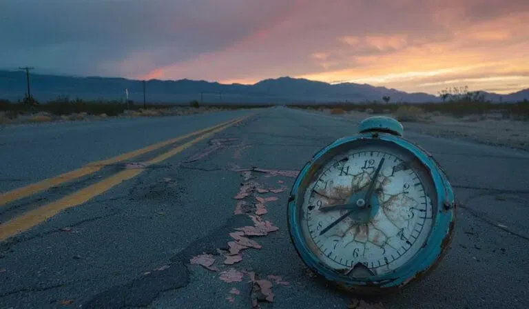 A weathered, broken clock sits on an empty cracked road at sunset, with mountains visible in the background.
