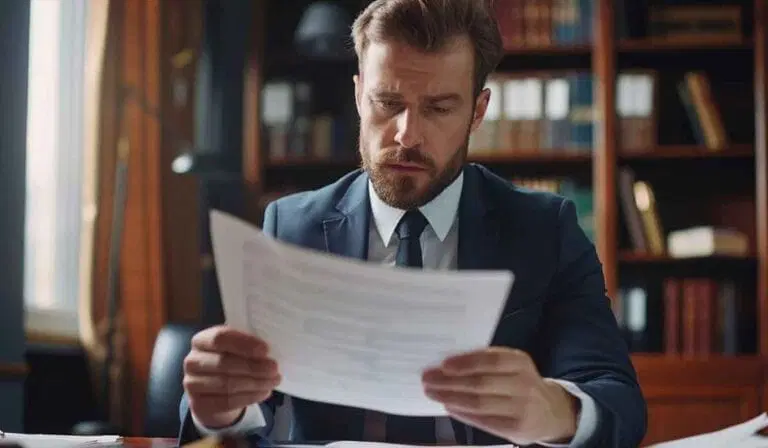 A man in a suit sits at a desk in an office, closely reading documents; shelves filled with books are visible in the background.
