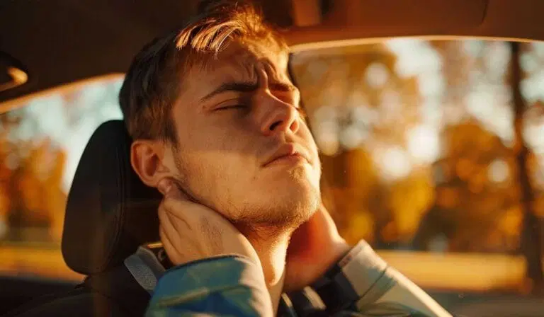 A young man sitting in a car holds the back of his neck and appears to be in discomfort, with sunlight coming through the window.