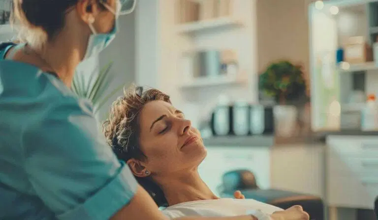 A person reclines in a dental chair with eyes closed while a dental professional in scrubs and a mask stands nearby in a clinical setting.