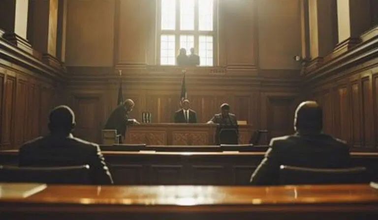 A courtroom scene showing a judge at the bench, two people standing at tables, and two individuals seated with their backs to the camera.