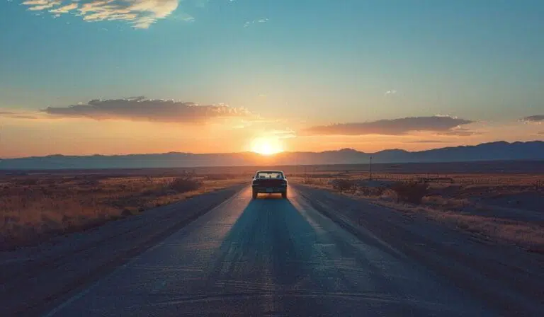 A car drives down an empty road toward the horizon at sunset, with mountains and clouds visible in the distance.