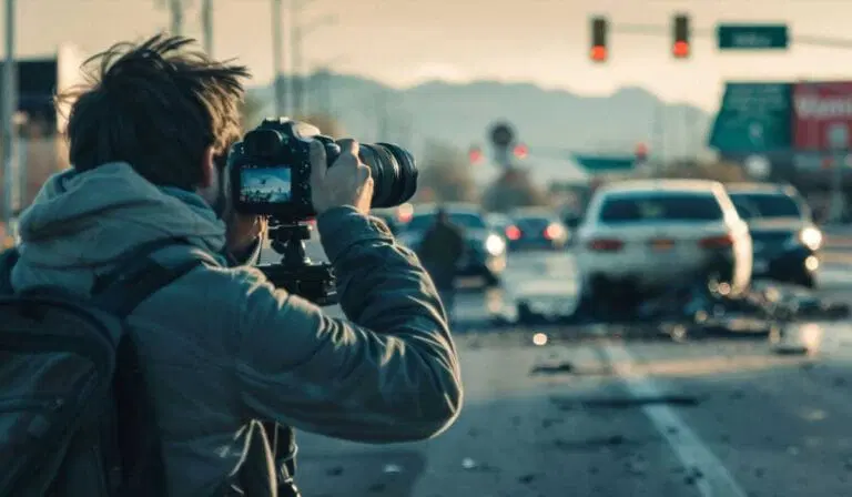 A person with a camera photographs a car accident scene on a roadway, with damaged vehicles and debris visible in the background.
