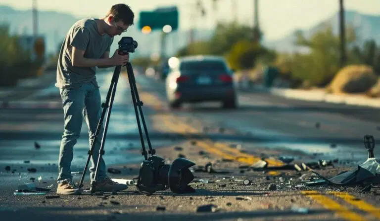 A person using a camera on a tripod films debris scattered across a road, with a car and road signs visible in the background.