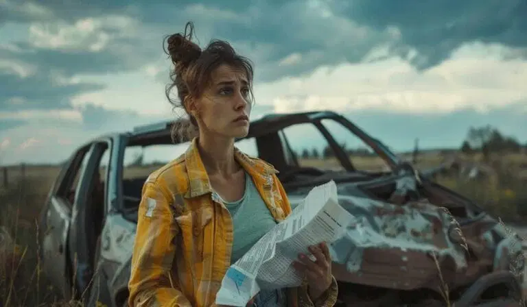 A woman holding a map stands in front of an abandoned, damaged car in a rural area under a cloudy sky.