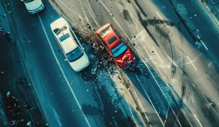 Aerial view of a red car and a white car involved in a collision on a multi-lane road, with debris scattered around the vehicles.