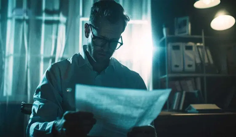 Man wearing glasses sits in a dimly lit room, reading a document with shelves of files and sunlight streaming through a window in the background.