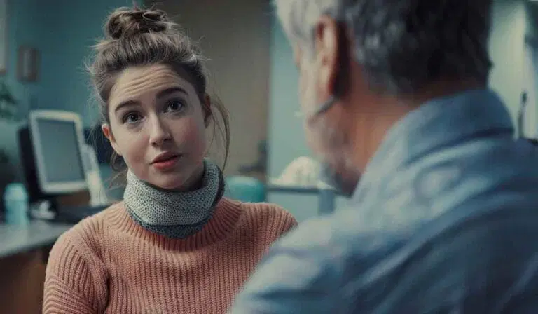 A young woman in a pink sweater and scarf listens attentively to an older man with grey hair in an indoor setting, possibly an office or clinic.