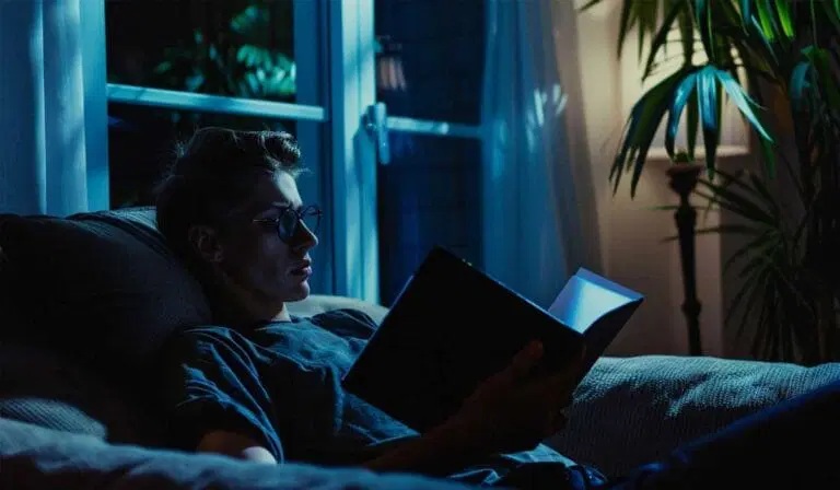 A person wearing glasses sits on a sofa at night, reading a book illuminated by a soft light from the window.