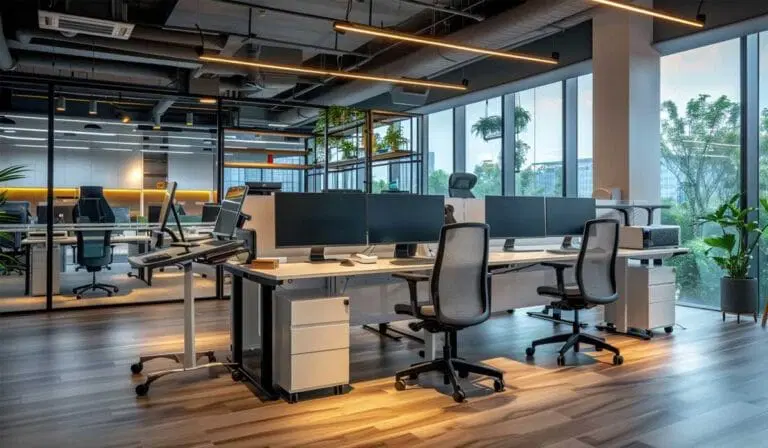 Modern open-plan office with desks, ergonomic chairs, computer monitors, large windows, indoor plants, and natural light. The office appears clean and organized.