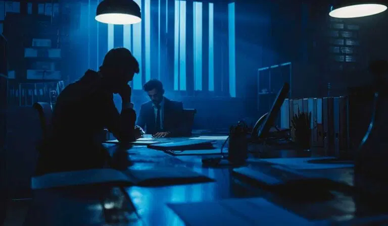 Two men in suits sit at a desk in a dimly lit office with blue lighting, working late at night among papers and computer monitors.