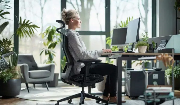A woman sits at a desk working on a computer in a modern, bright office with large windows and several plants.