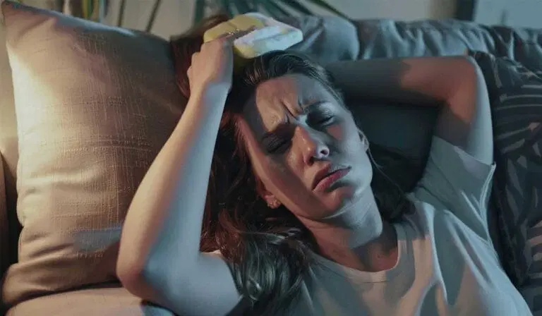 Woman lying on a couch with her eyes closed, holding an ice pack to her forehead and appearing to be in pain or discomfort.