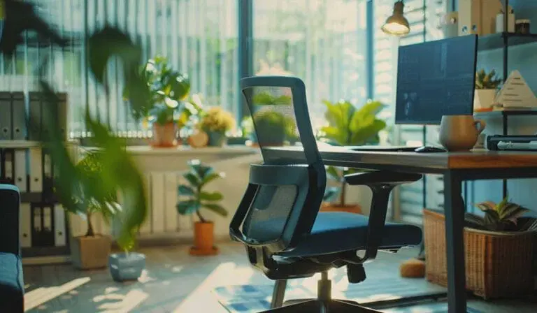 Modern office with a mesh chair, wooden desk, computer monitor, coffee mug, and various potted plants near large sunlit windows.