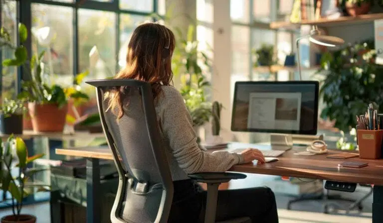A person sits at a desk in a bright office, working on a computer surrounded by potted plants and office supplies.