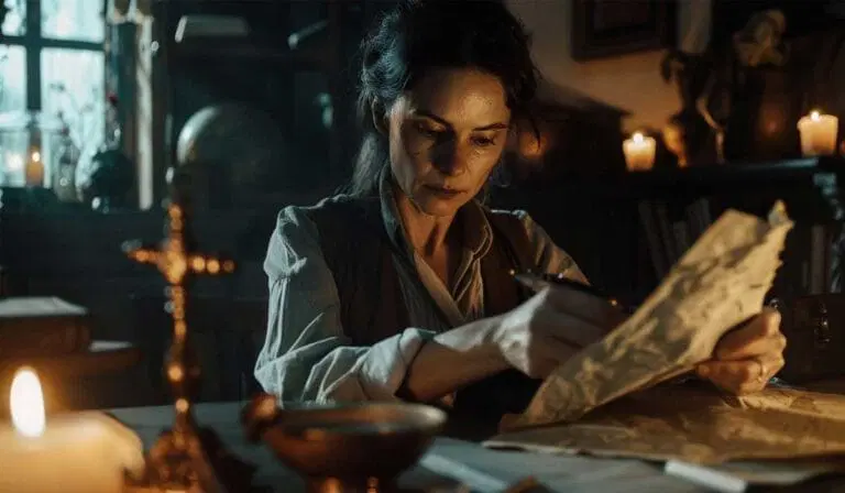 A woman sits at a candlelit desk, reading and writing on aged papers, surrounded by books and religious items in a dimly lit room.
