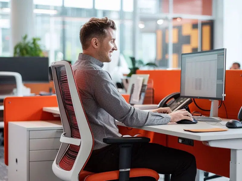 A man sits at a desk in a modern office, working on a computer with charts on the screen and using a telephone.